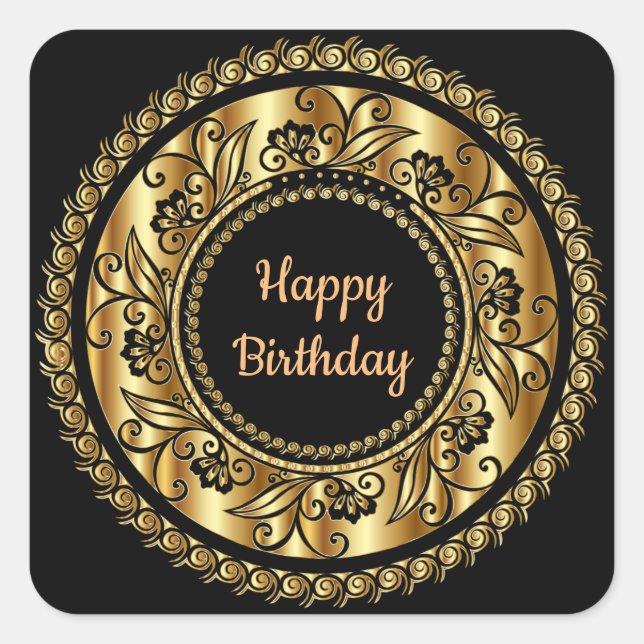 Elegant Black and Gold Birthday Square Sticker (Front)