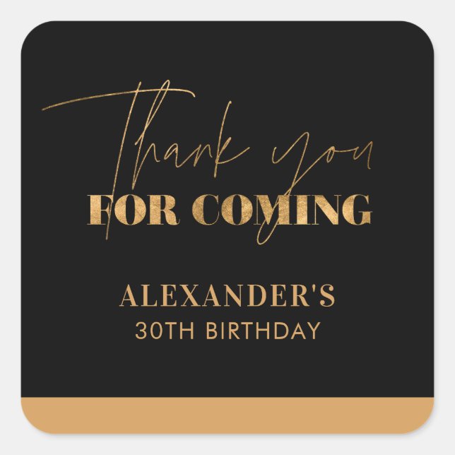 Elegant Black and Gold Birthday Thank you Square Sticker (Front)