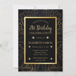 Elegant Black and Gold Botanical 21st Birthday Invitation