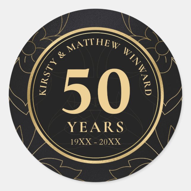 Elegant Black and Gold Botanical 50th Anniversary Classic Round Sticker (Front)