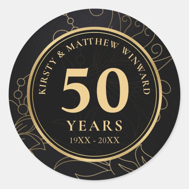 Elegant Black and Gold Botanical 50th Anniversary Classic Round Sticker (Front)