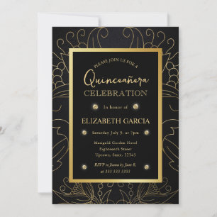 Elegant Black and Gold Botanical Quinceanera Invitation