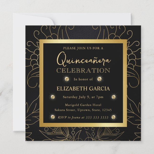 Elegant Black and Gold Botanical Quinceanera Invitation (Front)