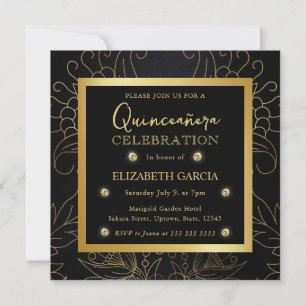 Elegant Black and Gold Botanical Quinceanera Invitation