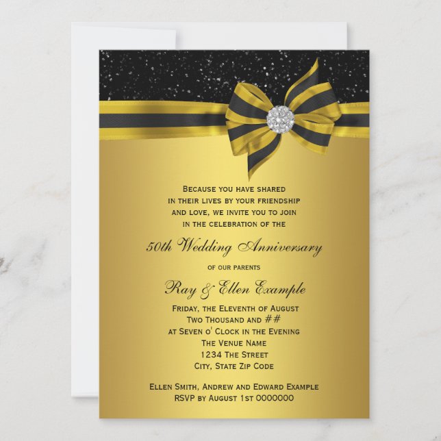 Elegant Black and Gold Bow 50th Anniversary Party Invitation (Front)
