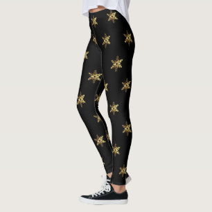 Elegant Black and Gold Brown Snowflakes Christmas Leggings