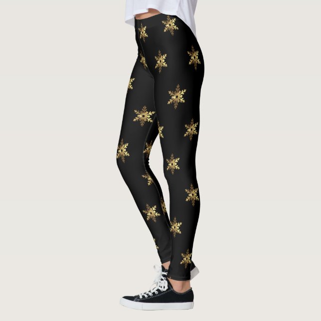 Elegant Black and Gold Brown Snowflakes Christmas Leggings (Left)
