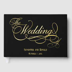 Elegant Black and Gold Calligraphy Wedding Guest Book