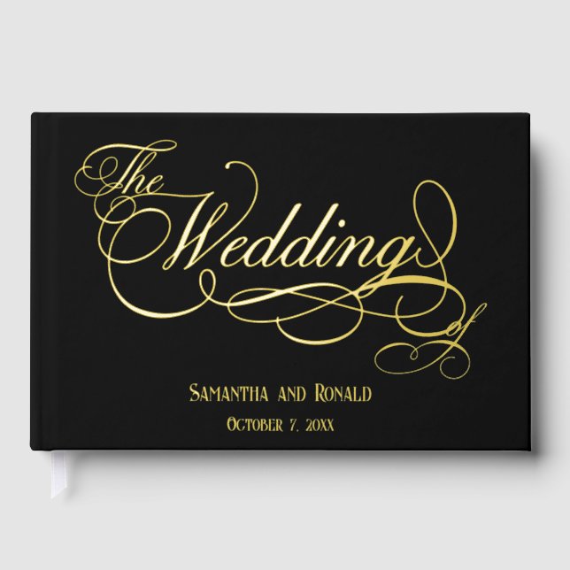 Elegant Black and Gold Calligraphy Wedding Guest Book (Front)