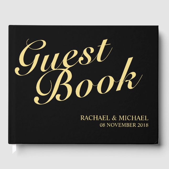 Elegant Black and Gold Calligraphy Wedding Guest Book (Front)