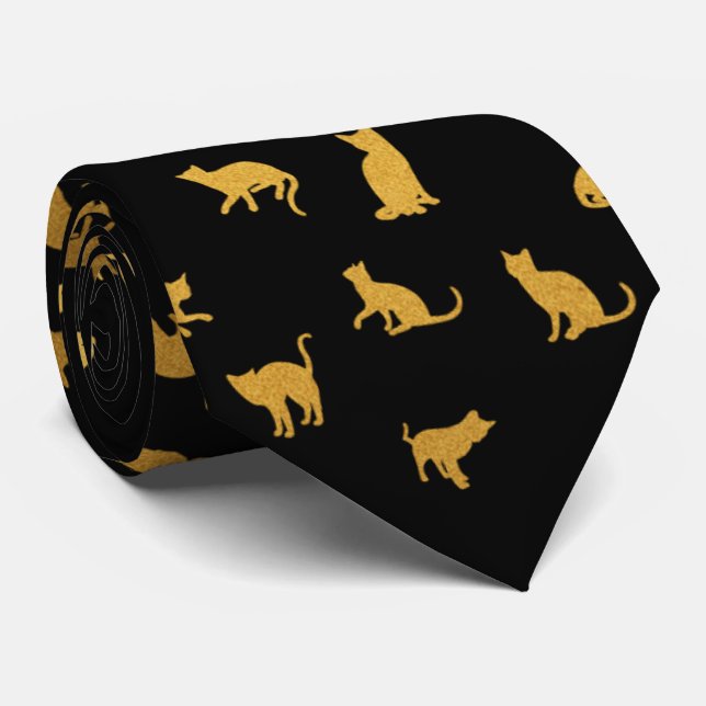 Elegant Black and Gold Cat Neck Tie (Rolled)