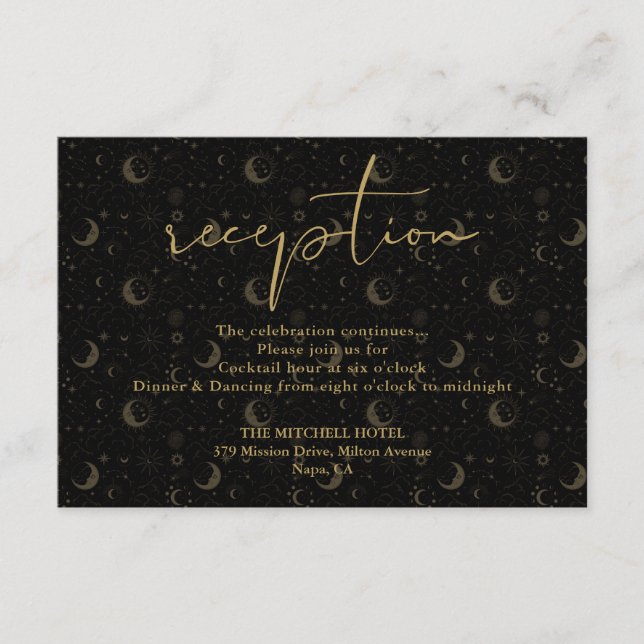 Elegant Black And Gold Celestial Wedding Reception Enclosure Card (Front)
