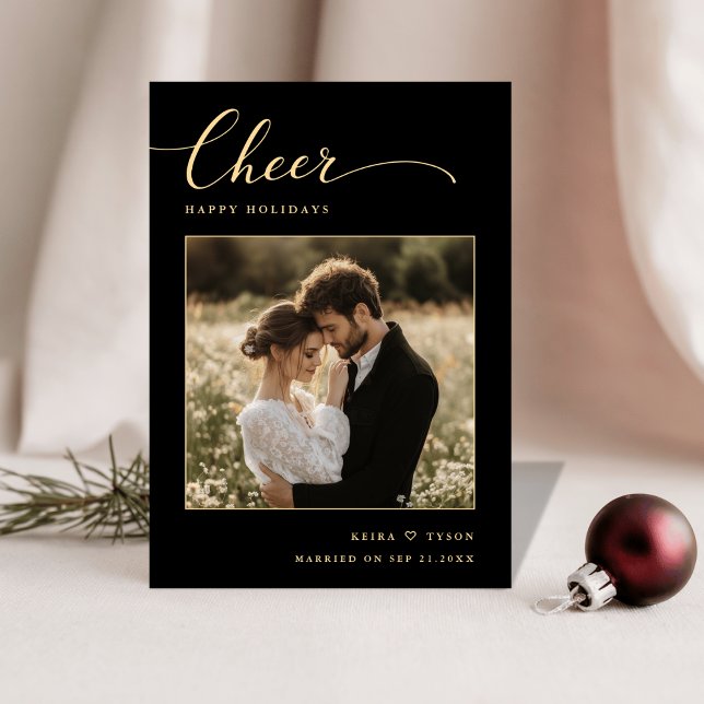 Elegant Black and Gold Cheer Photo Newlywed Holiday Card (Creator Uploaded)