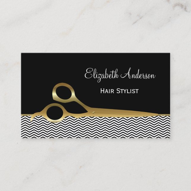 Elegant Black and Gold Chevrons Hair Salon Business Card (Front)