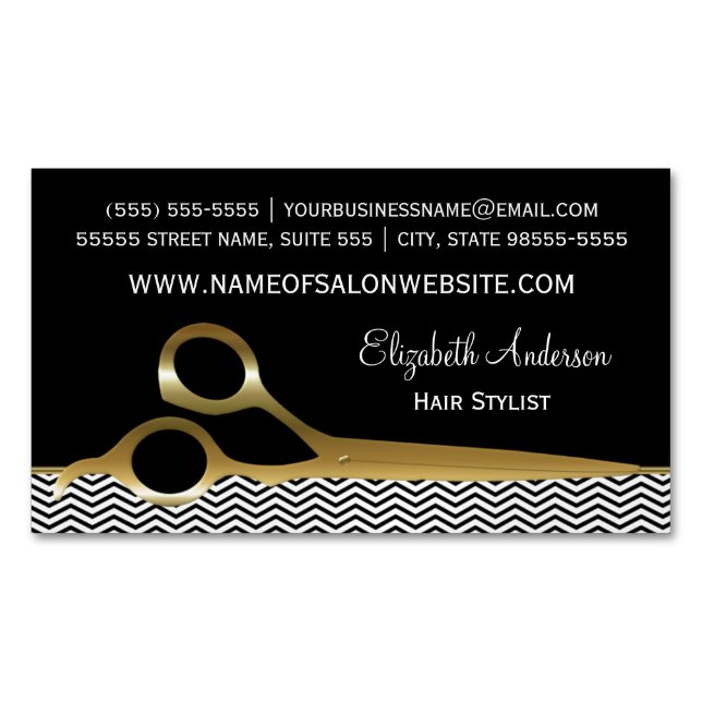 Elegant Black and Gold Chevrons Hair Salon Magnetic Business Card (Front)