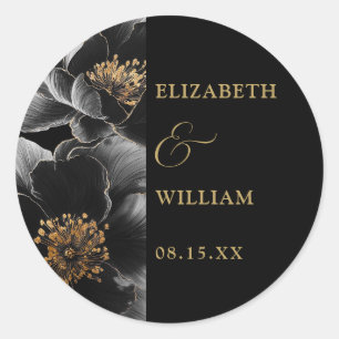 Elegant Black And Gold Chic Floral Wedding Favour Classic Round Sticker