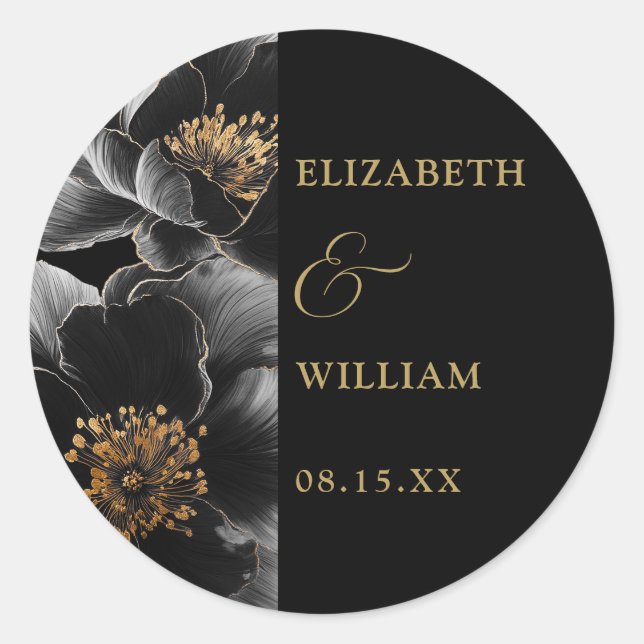 Elegant Black And Gold Chic Floral Wedding Favour Classic Round Sticker (Front)
