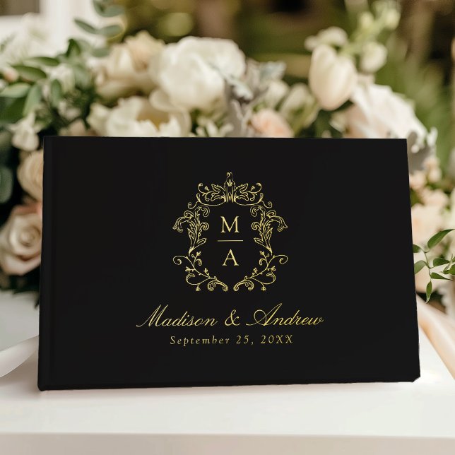 Elegant Black and Gold Chinoiserie Crest Wedding Guest Book (Creator Uploaded)