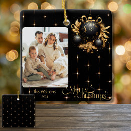 Elegant Black and Gold Christmas Photo 2024 Ceramic Ornament