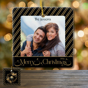 Elegant Black and Gold Christmas Photo  Ceramic Ornament