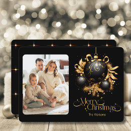 Elegant Black and Gold Christmas Photo  Holiday Card