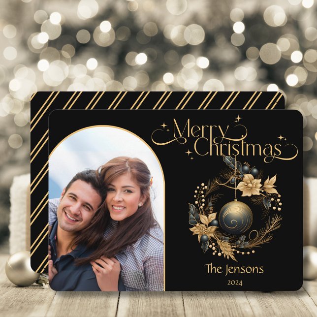 Elegant Black and Gold Christmas Photo Holiday Card (Creator Uploaded)