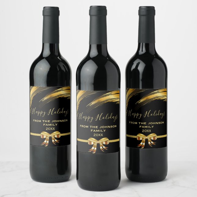Elegant Black and Gold Christmas Ribbon Bow Wine Label (Bottles)