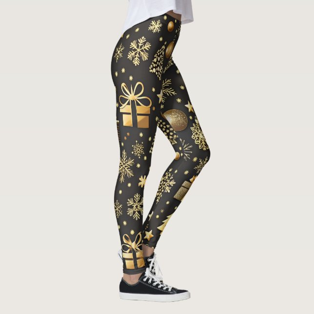 Elegant Black and Gold Christmas Stocking Holiday  Leggings (Right)