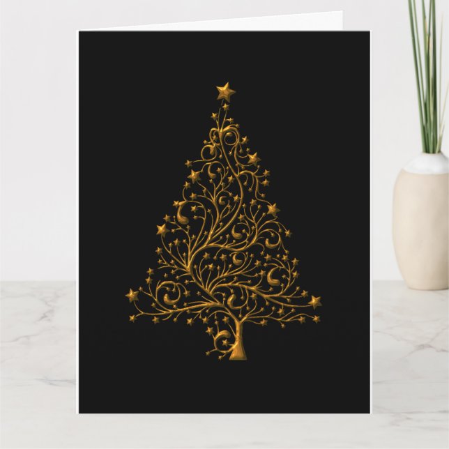 Elegant Black and Gold Christmas Tree Christmas Card (Front)