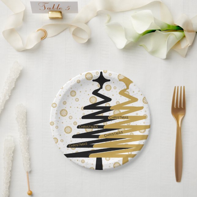 elegant black and gold christmas trees paper plate (Wedding)