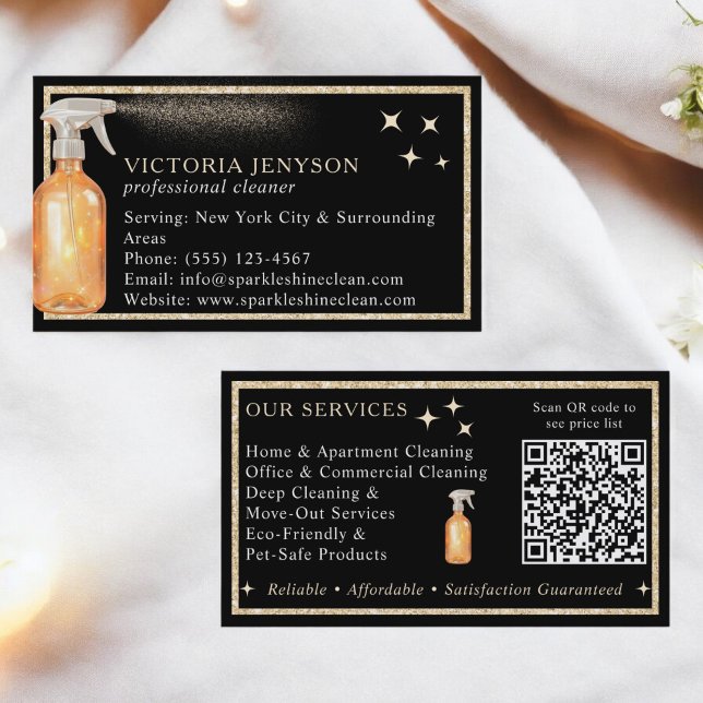 Elegant Black and Gold Cleaning Service Qr Code Business Card (Elegant Black and Gold Cleaning Service Qr Code Business Card)