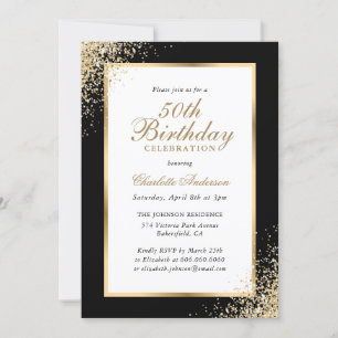 Elegant Black and Gold Confetti 50th Birthday Invitation
