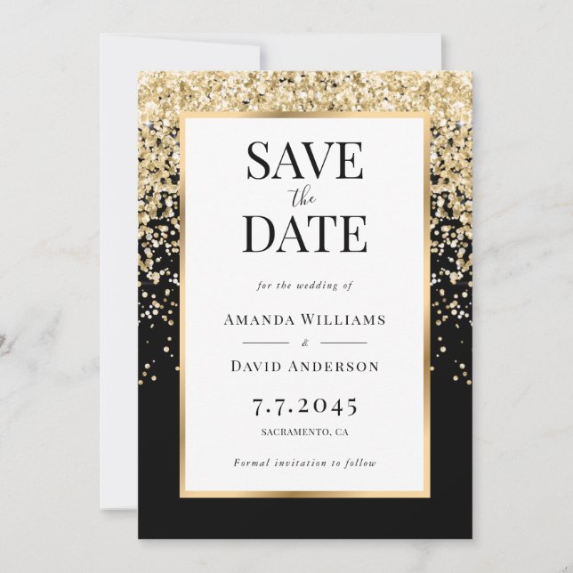 Elegant Black and Gold Confetti Wedding Save The Date (Front)