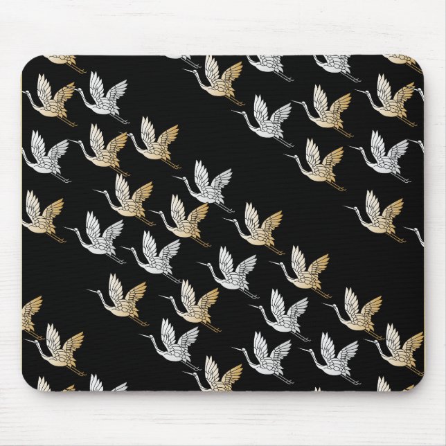 Elegant Black and Gold Crane Japanese Art Mouse Mat (Front)