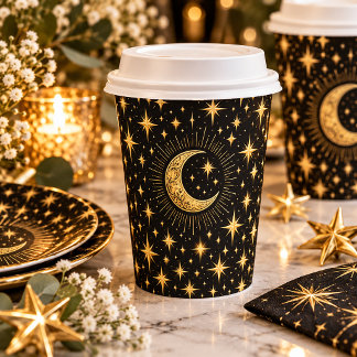 Elegant Black and Gold Crescent Moon Stars | Paper Cups