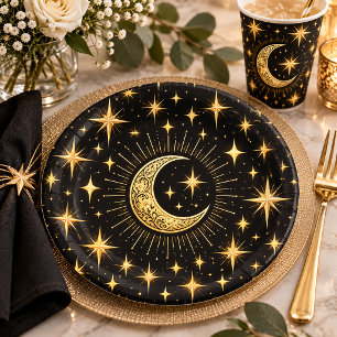 Elegant Black and Gold Crescent Moon Stars Paper Plate