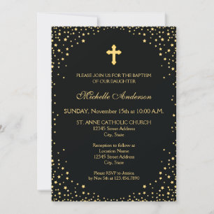 Elegant Black and Gold Cross Christening Baptism Invitation