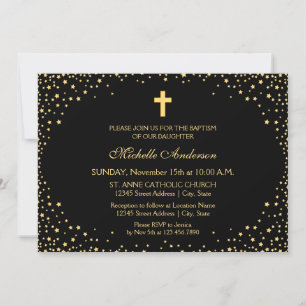 Elegant Black and Gold Cross Christening Baptism Invitation
