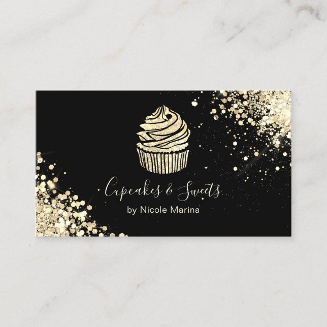 Elegant Black and Gold Cupcake Bakery Pastry Chef Business Card (Front)
