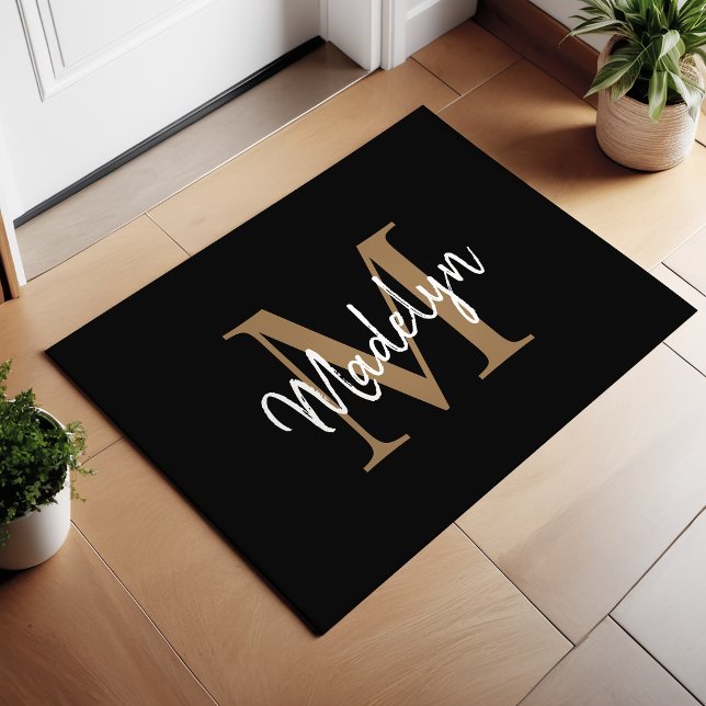 Elegant Black and Gold Custom Monogram Script Doormat (Creator Uploaded)