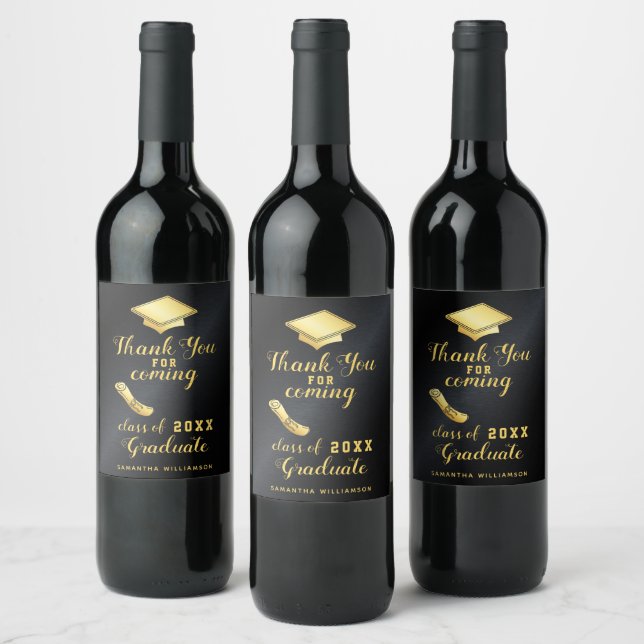 Elegant Black and Gold Custom Thank You Graduation Wine Label (Bottles)