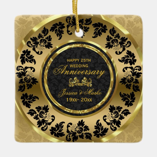 Elegant Black And Gold Damask 50th Anniversary Ceramic Tree Decoration (Front)