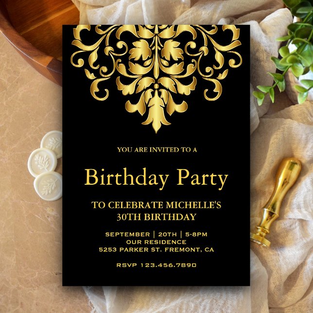 Elegant Black and Gold Damask Birthday Party Invitation (Creator Uploaded)