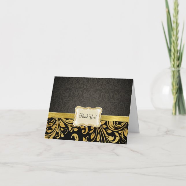 Elegant Black and Gold Damask Thank You Card (Front)