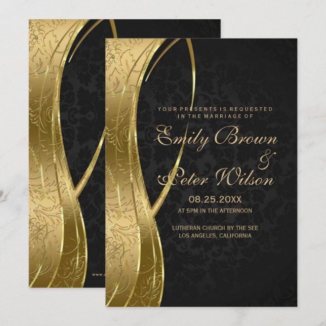 Elegant Black And Gold Damask Wedding Invitation (Front/Back)