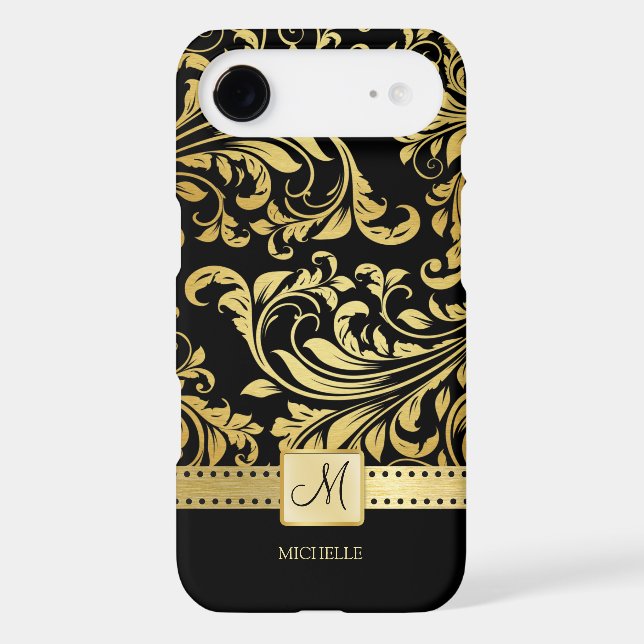 Elegant Black and Gold Damask wiht Monogram Case-Mate iPhone 3 Case (Back)