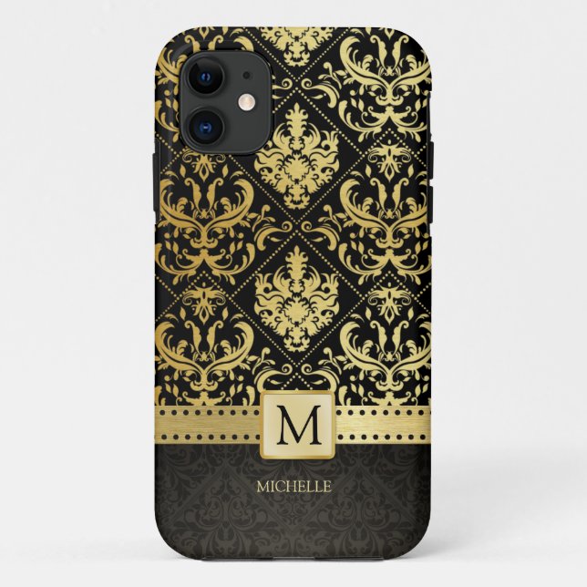 Elegant Black and Gold Damask wiht Monogram Case-Mate iPhone Case (Back)