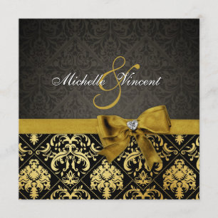 Elegant Black and Gold Damask with heart diamond Invitation
