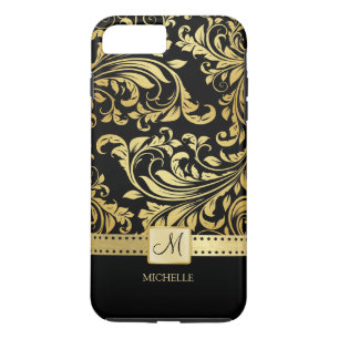 Elegant Black and Gold Damask with Monogram iPhone 8 Plus/7 Plus Case