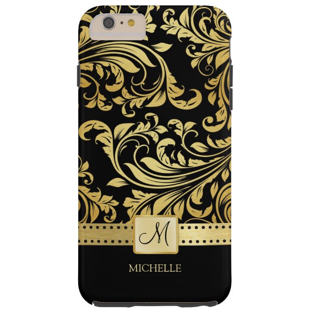 Elegant Black and Gold Damask with Monogram Case-Mate iPhone Case (Back)